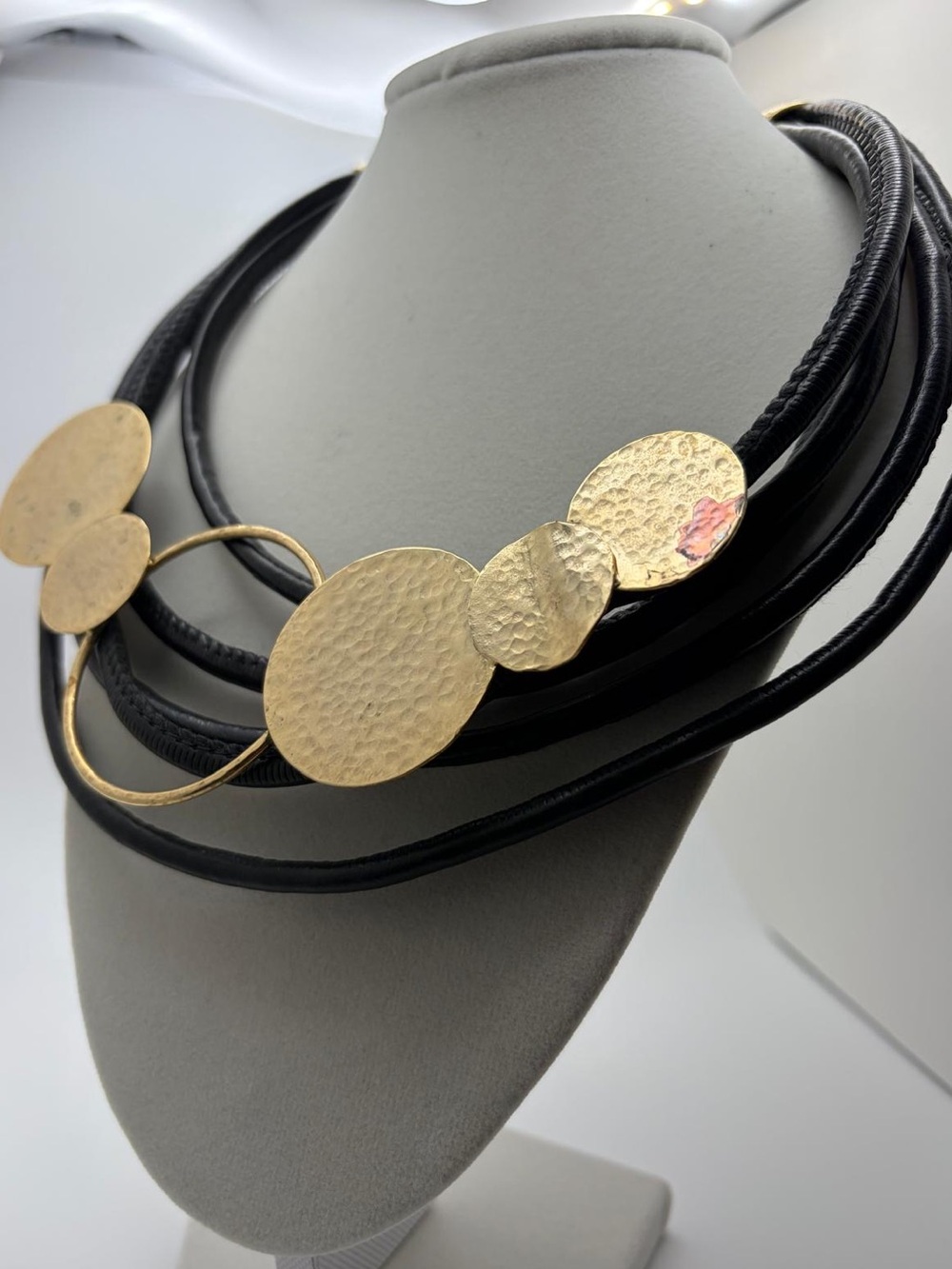 Hammered Gold Disc Multi-Strand Black Leather Necklace